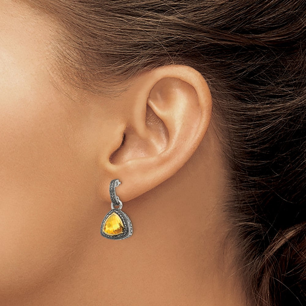 QTC1649 Shey Couture Sterling Silver with 14K Accent Antiqued Trillion Bezel Citrine Dangle Earrings