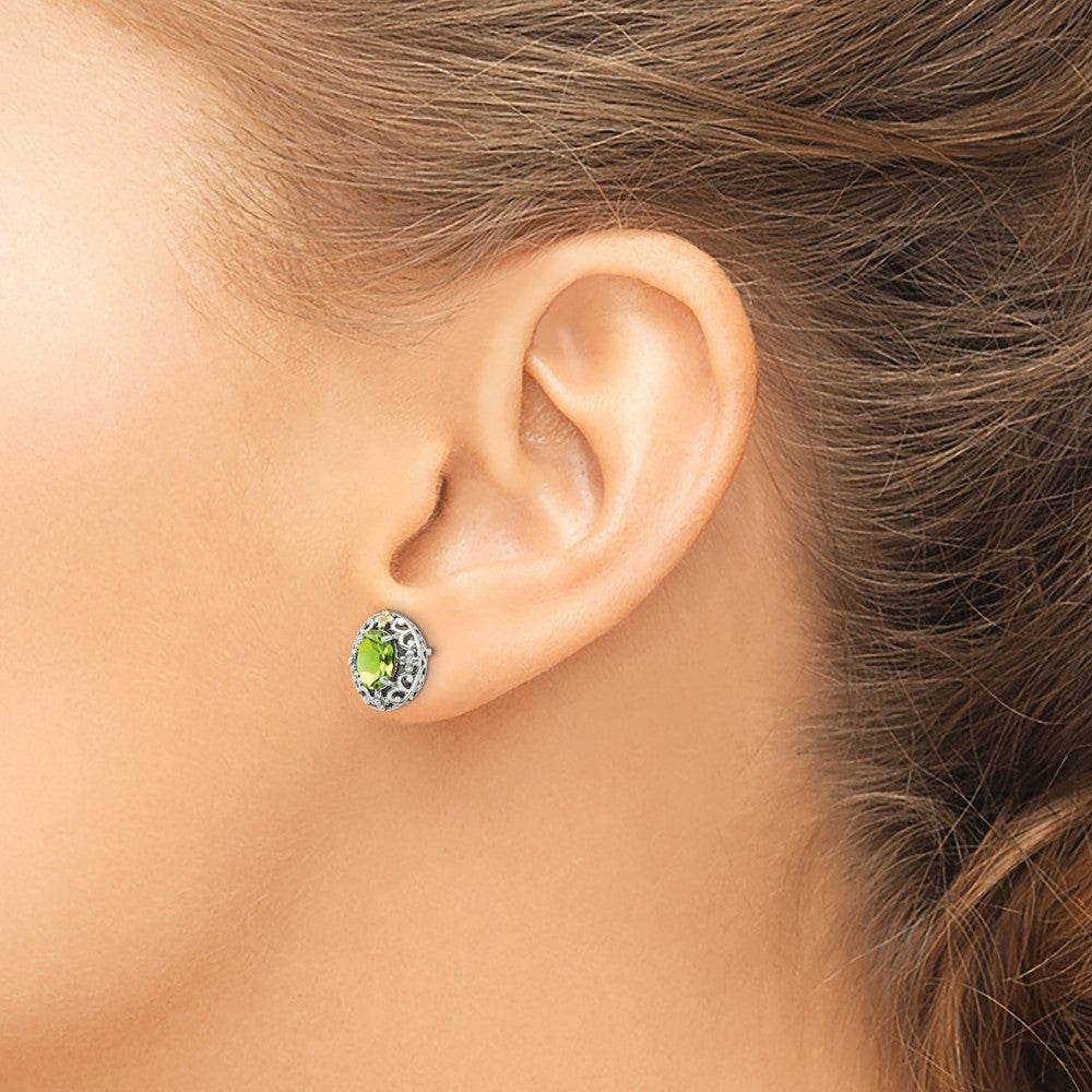 QTC1652 Shey Couture Sterling Silver with 14K Accent Antiqued Oval Peridot Post Earrings