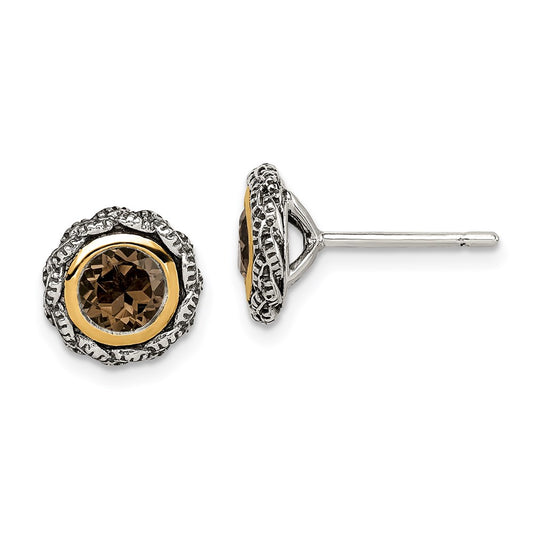 QTC1668 Shey Couture Sterling Silver with 14K Accent Antiqued Round Bezel Smoky Quartz Post Earrings