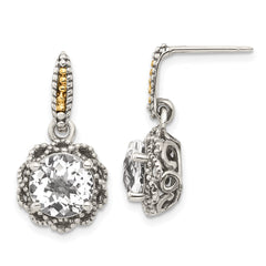 QTC1692 Shey Couture Sterling Silver with 14K Accent Antiqued Round White Topaz Dangle Post Earrings