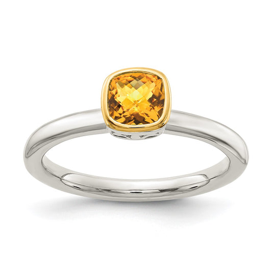 Shey Couture Sterling Silver Rhodium-plated with 14k Accent Polished Cushion-cut Citrine Ring