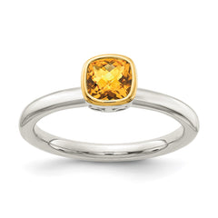 Shey Couture Sterling Silver Rhodium-plated with 14k Accent Polished Cushion-cut Citrine Ring