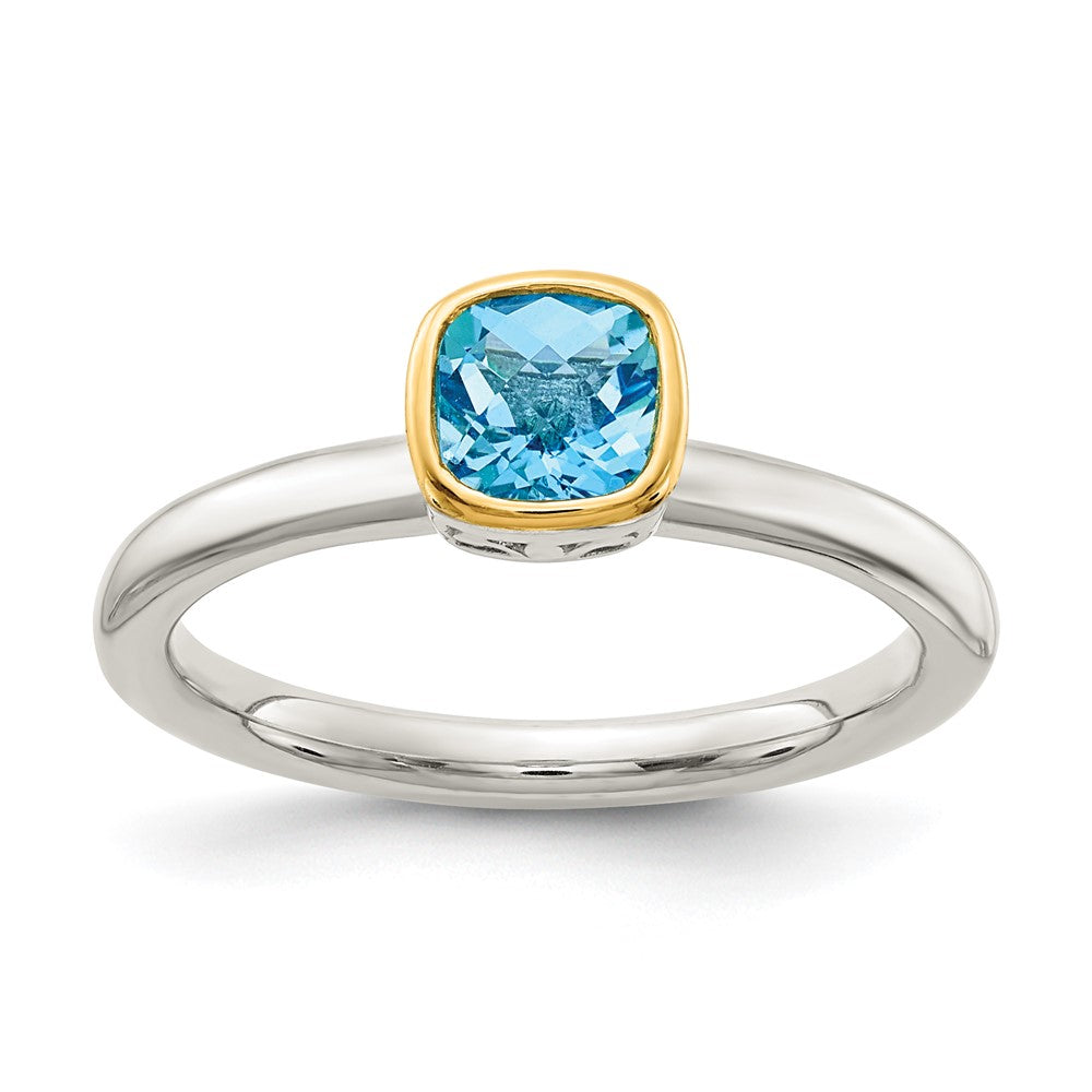 Shey Couture Sterling Silver Rhodium-plated with 14k Accent Polished Cushion-cut Light Swiss Blue Topaz Ring