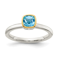 Shey Couture Sterling Silver Rhodium-plated with 14k Accent Polished Cushion-cut Light Swiss Blue Topaz Ring