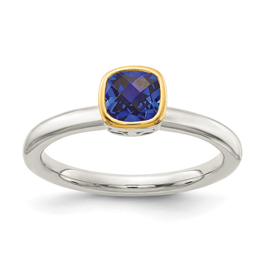 Shey Couture Sterling Silver Rhodium-plated with 14K Accent Polished Cushion-cut Created Sapphire Ring
