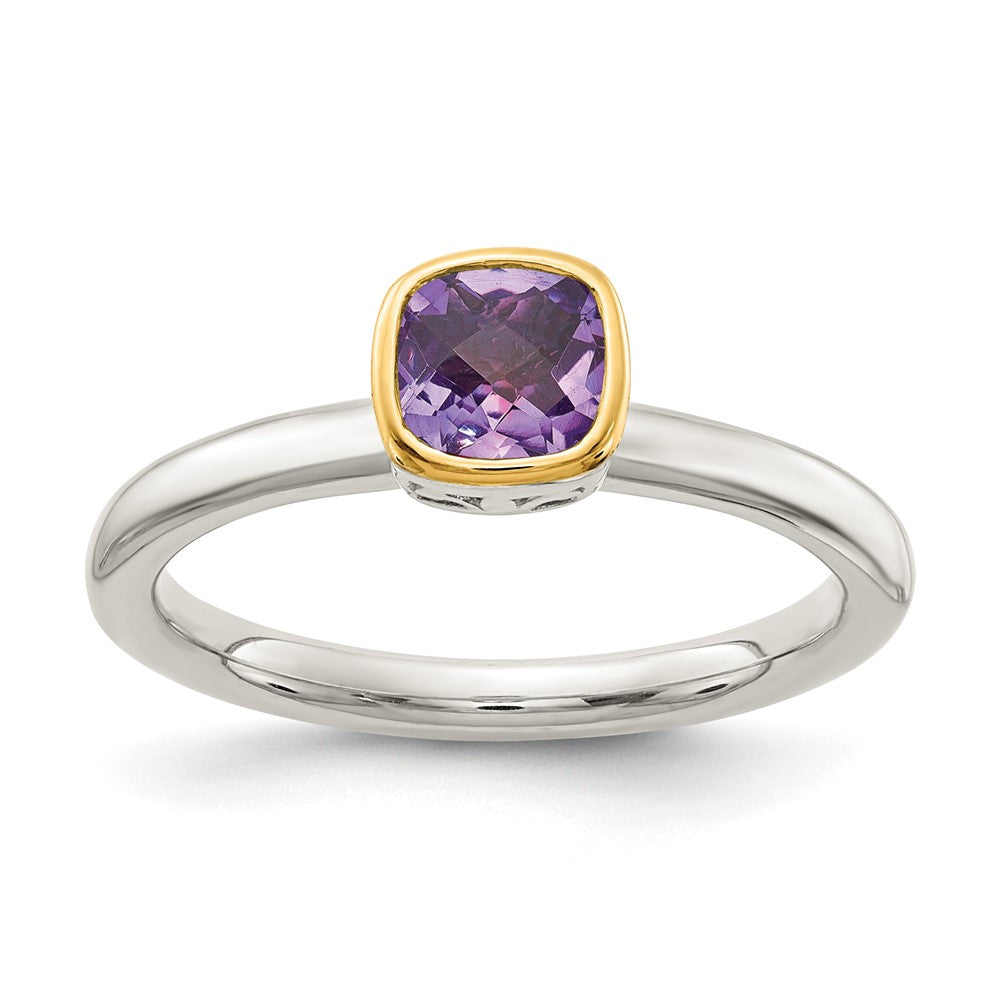 Shey Couture Sterling Silver Rhodium-plated with 14K Accent Polished Cushion-cut Amethyst Ring