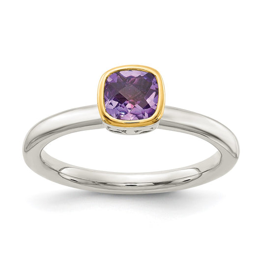 Shey Couture Sterling Silver Rhodium-plated with 14K Accent Polished Cushion-cut Amethyst Ring