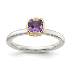 Shey Couture Sterling Silver Rhodium-plated with 14K Accent Polished Cushion-cut Amethyst Ring
