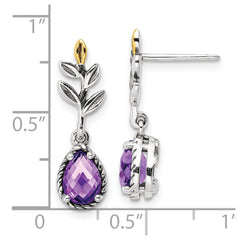 QTC1751 Shey Couture Sterling Silver with 14K Accent Leaves with Pear Shaped Checkerboard Amethyst Dangle Post Earrings