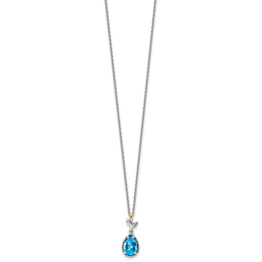 Shey Couture Sterling Silver with 14K Accent 18 Inch Leaves with Pear Shape Checkerboard Blue Topaz Necklace with 2 Inch Extender QTC1754