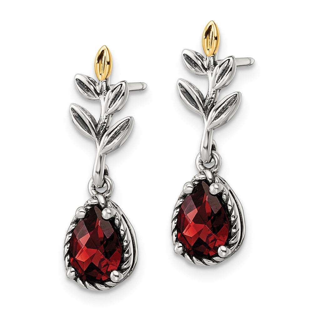 QTC1763 Shey Couture Sterling Silver with 14K Accent 18 Inch Antiqued Leaves Pear Shaped Checkerboard Garnet Leaves Dangle Post Earrings