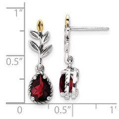 QTC1763 Shey Couture Sterling Silver with 14K Accent 18 Inch Antiqued Leaves Pear Shaped Checkerboard Garnet Leaves Dangle Post Earrings