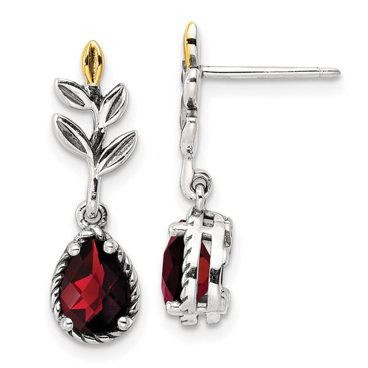 QTC1763 Shey Couture Sterling Silver with 14K Accent 18 Inch Antiqued Leaves Pear Shaped Checkerboard Garnet Leaves Dangle Post Earrings