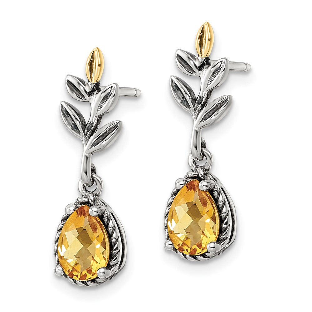 QTC1767 Shey Couture Sterling Silver with 14K Accent Antiqued Leaf Pear Shaped Citrine Dangle Post Earrings