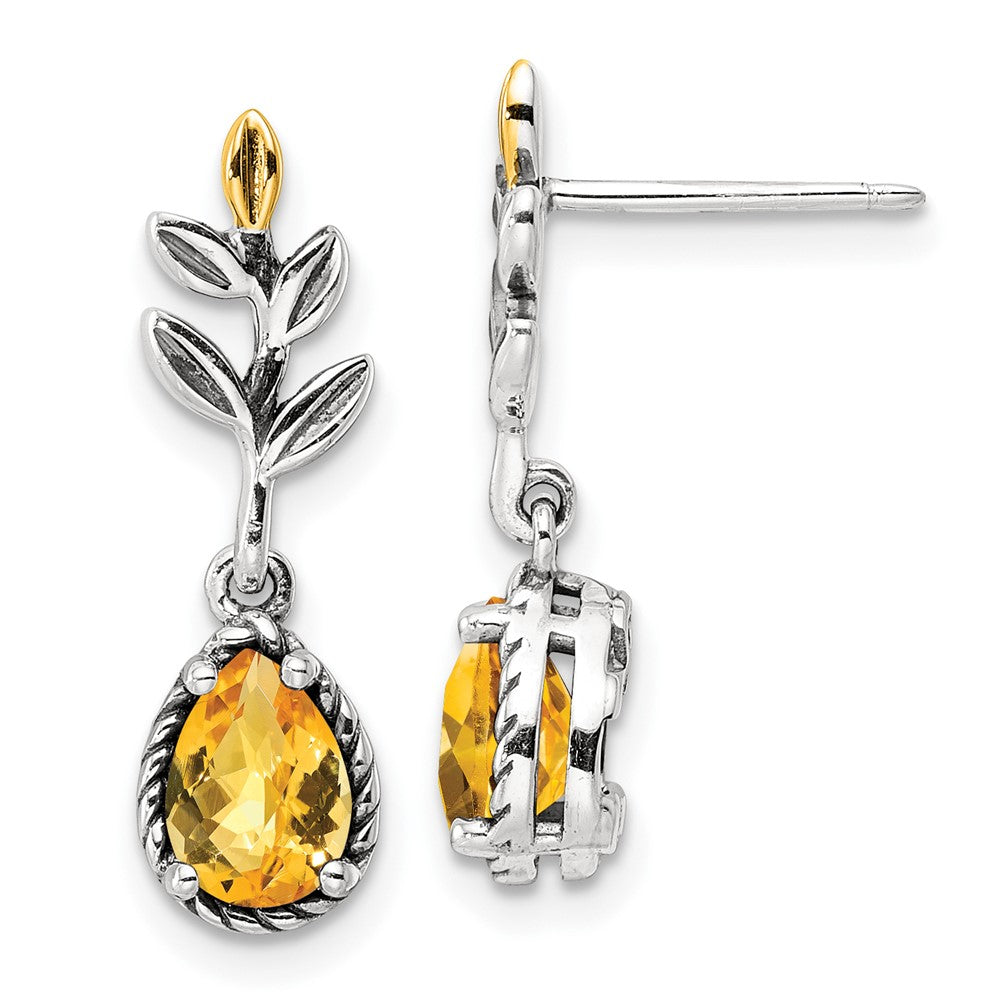 QTC1767 Shey Couture Sterling Silver with 14K Accent Antiqued Leaf Pear Shaped Citrine Dangle Post Earrings