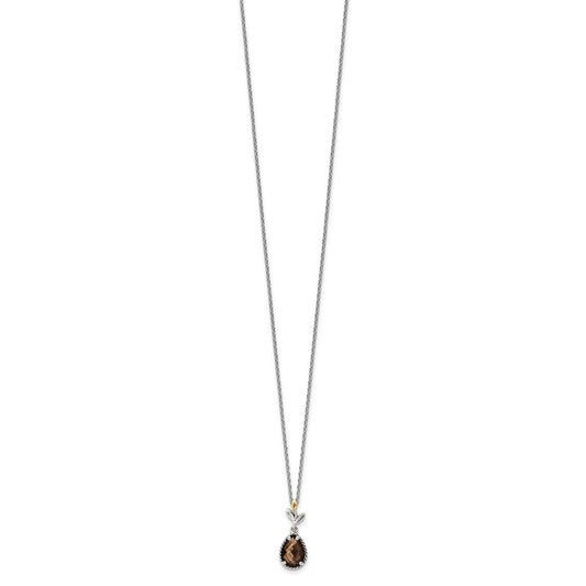 Shey Couture Sterling Silver with 14K Accent 18 Inch Leaves with Pear Shaped Checkerboard Smoky Quartz Necklace with 2 Inch Extender QTC1771