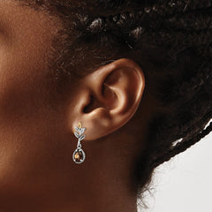 QTC1773 Shey Couture Sterling Silver with 14K Accent Leaves Pear Shaped Checkerboard Smoky Quartz Dangle Post Earrings