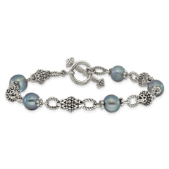 Shey Couture Sterling Silver Antiqued 8-8.5mm Freshwater Cultured Black Pearl 8 inch Toggle Bracelet QTC1782