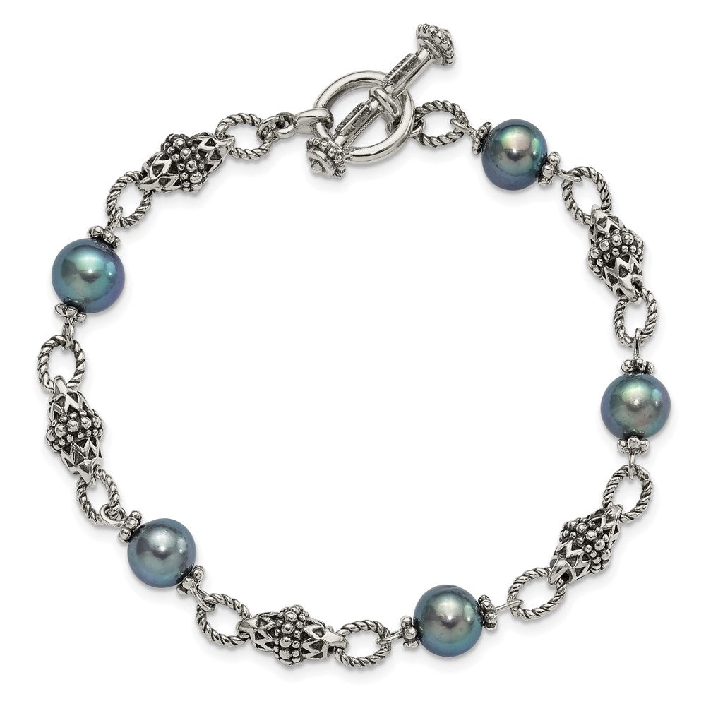 Shey Couture Sterling Silver Antiqued 8-8.5mm Freshwater Cultured Black Pearl 8 inch Toggle Bracelet QTC1782