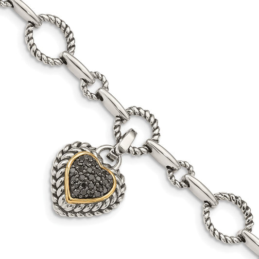 Shey Couture Sterling Silver with 14K Accent 8 Inch Antiqued Black Diamond Heart Link Bracelet QTC178