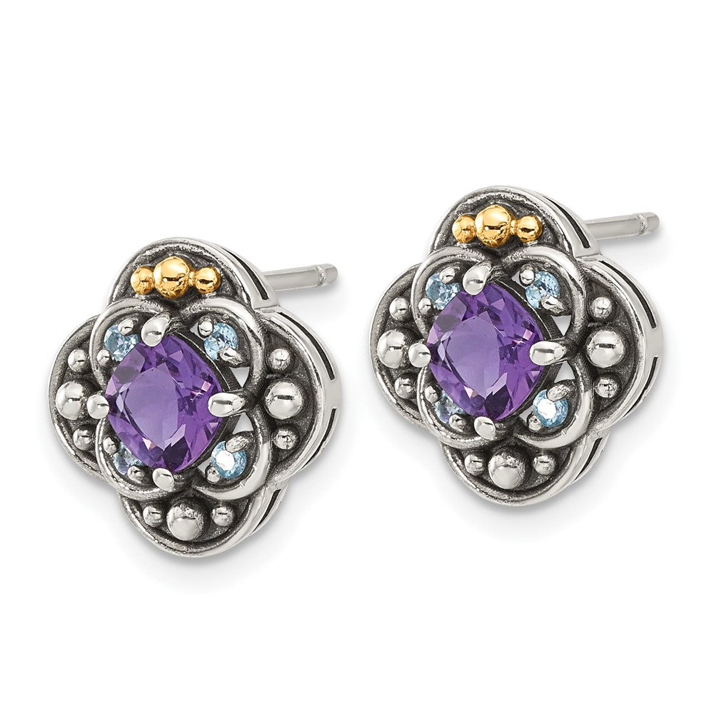 QTC1792 Shey Couture Sterling Silver with 14k Accent Antiqued .91 Amethyst / .11Swiss Blue Topaz Post Earrings