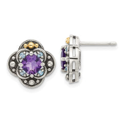 QTC1792 Shey Couture Sterling Silver with 14k Accent Antiqued .91 Amethyst / .11Swiss Blue Topaz Post Earrings