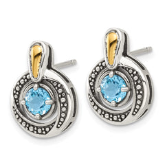 QTC1803 Shey Couture Sterling Silver Antiqued with 14k Accent Light Swiss Blue Topaz Post Earrings