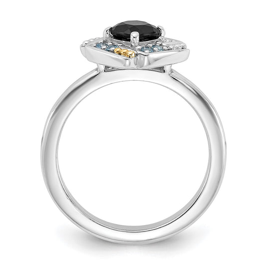 Shey Couture Sterling Silver Rhodium-plated with 14k Accent .50 Onyx and .16 Swiss Blue Topaz Ring