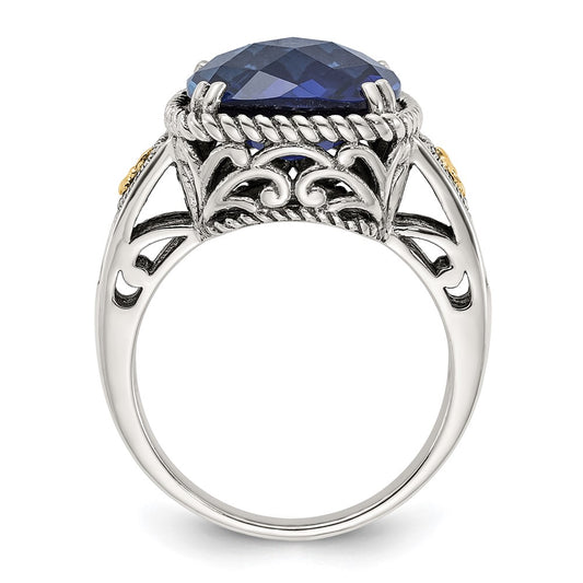 Shey Couture Sterling Silver with 14k Antiqued Lab Created Checker Cushion Sapphire Ring