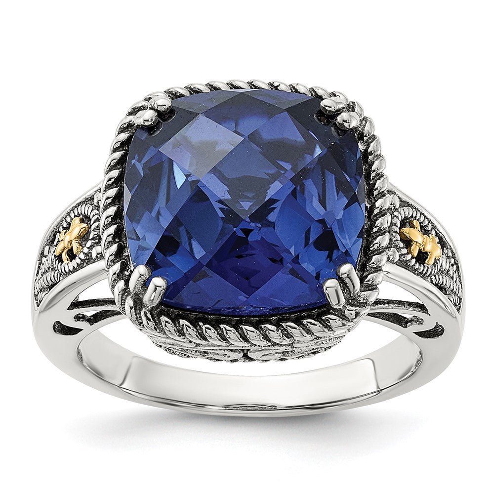 Shey Couture Sterling Silver with 14k Antiqued Lab Created Checker Cushion Sapphire Ring
