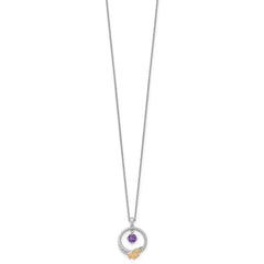 Shey Couture Sterling Silver Rhodium-plated Twisted Circle with 14k Leaf Accent Round Amethyst Dangle 18 inch with 2 inch Extension Necklace QTC1832