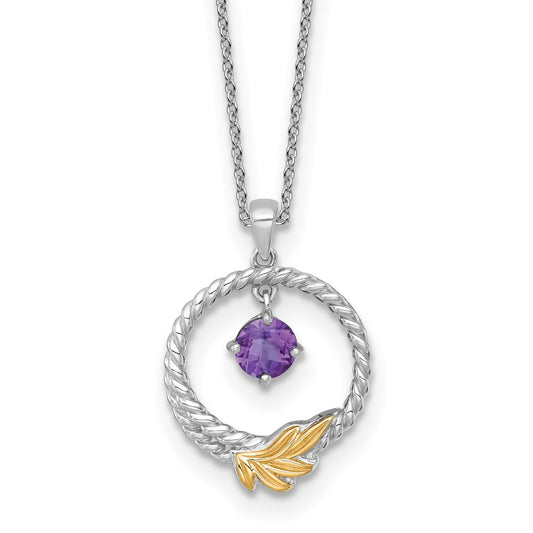 Shey Couture Sterling Silver Rhodium-plated Twisted Circle with 14k Leaf Accent Round Amethyst Dangle 18 inch with 2 inch Extension Necklace QTC1832
