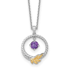 Shey Couture Sterling Silver Rhodium-plated Twisted Circle with 14k Leaf Accent Round Amethyst Dangle 18 inch with 2 inch Extension Necklace QTC1832