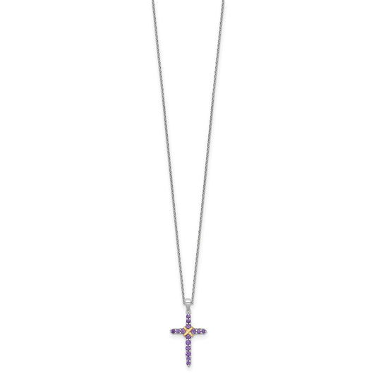Shey Couture Sterling Silver Rhodium-plated with 14k -X- Accent Round Amethyst Cross 18 inch with 2 inch Extension Necklace QTC1842