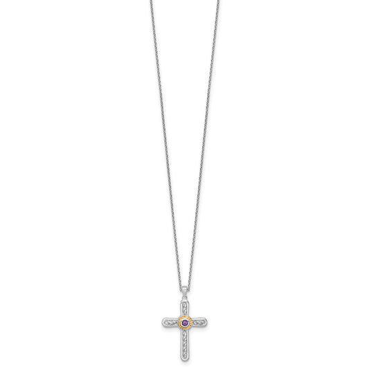 Shey Couture Sterling Silver Rhodium-plated with 14k Accent Round Amethyst Textured Cross 18 inch with 2 inch Extension Necklace QTC1843