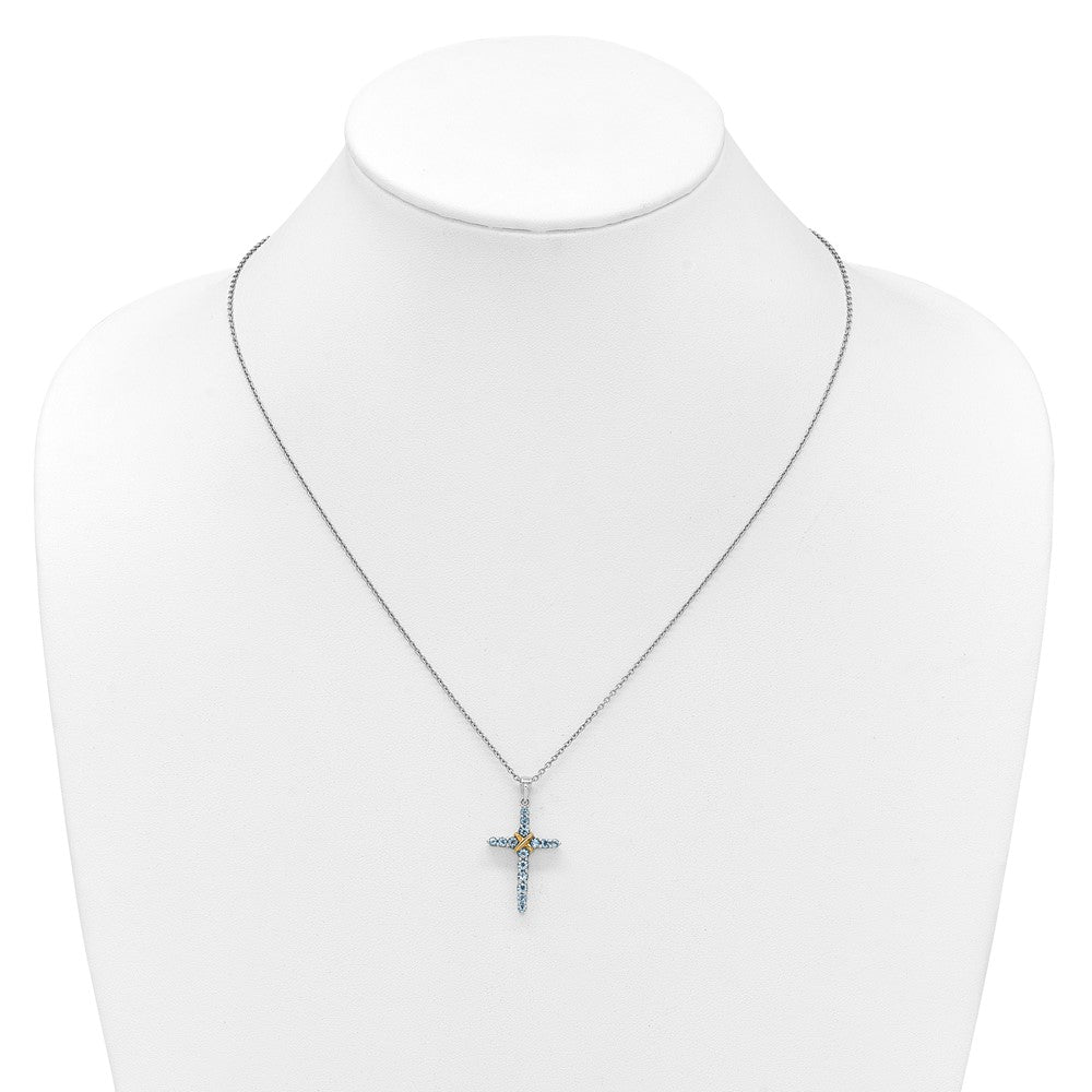 Shey Couture Sterling Silver Rhodium-plated with 14k -X- Accent Round Light Swiss Blue Topaz Cross 18 inch with 2 inch Extension Necklace QTC1844