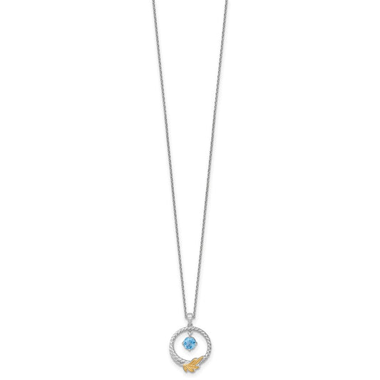 Shey Couture Sterling Silver Rhodium-plated Twisted Circle with 14k Leaf Accent Round Light Swiss Blue Topaz 18 inch with 2 inch Extension Necklace QTC1845
