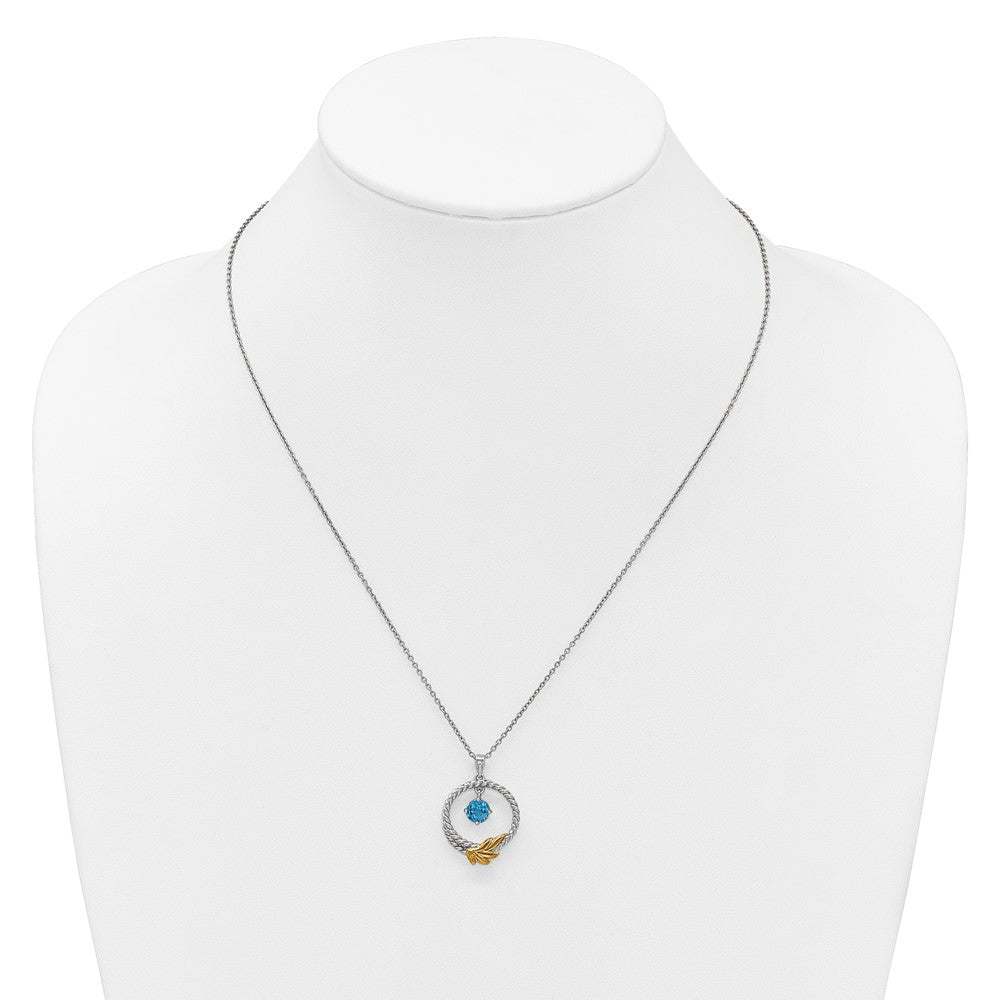 Shey Couture Sterling Silver Rhodium-plated Twisted Circle with 14k Leaf Accent Round Light Swiss Blue Topaz 18 inch with 2 inch Extension Necklace QTC1845