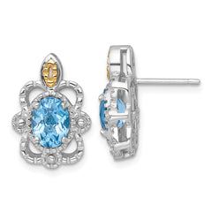 QTC1848 Shey Couture Sterling Silver Rhodium-plated with 14k Accent Oval Light Swiss Blue Topaz Vintage Post Earrings