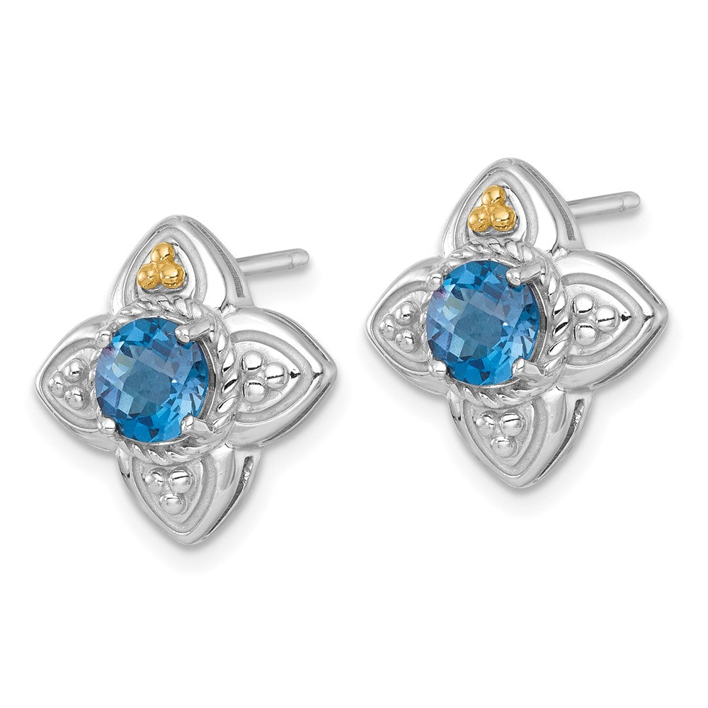 QTC1852 Shey Couture Sterling Silver Rhodium-plated with 14k Accent Round London Blue Topaz Flower Post Earrings