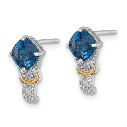 QTC1854 Shey Couture Sterling Silver Rhodium-plated with 14k Accent Checker-cut Cushion London Blue Topaz and .02ct. Diamond Post Earrings
