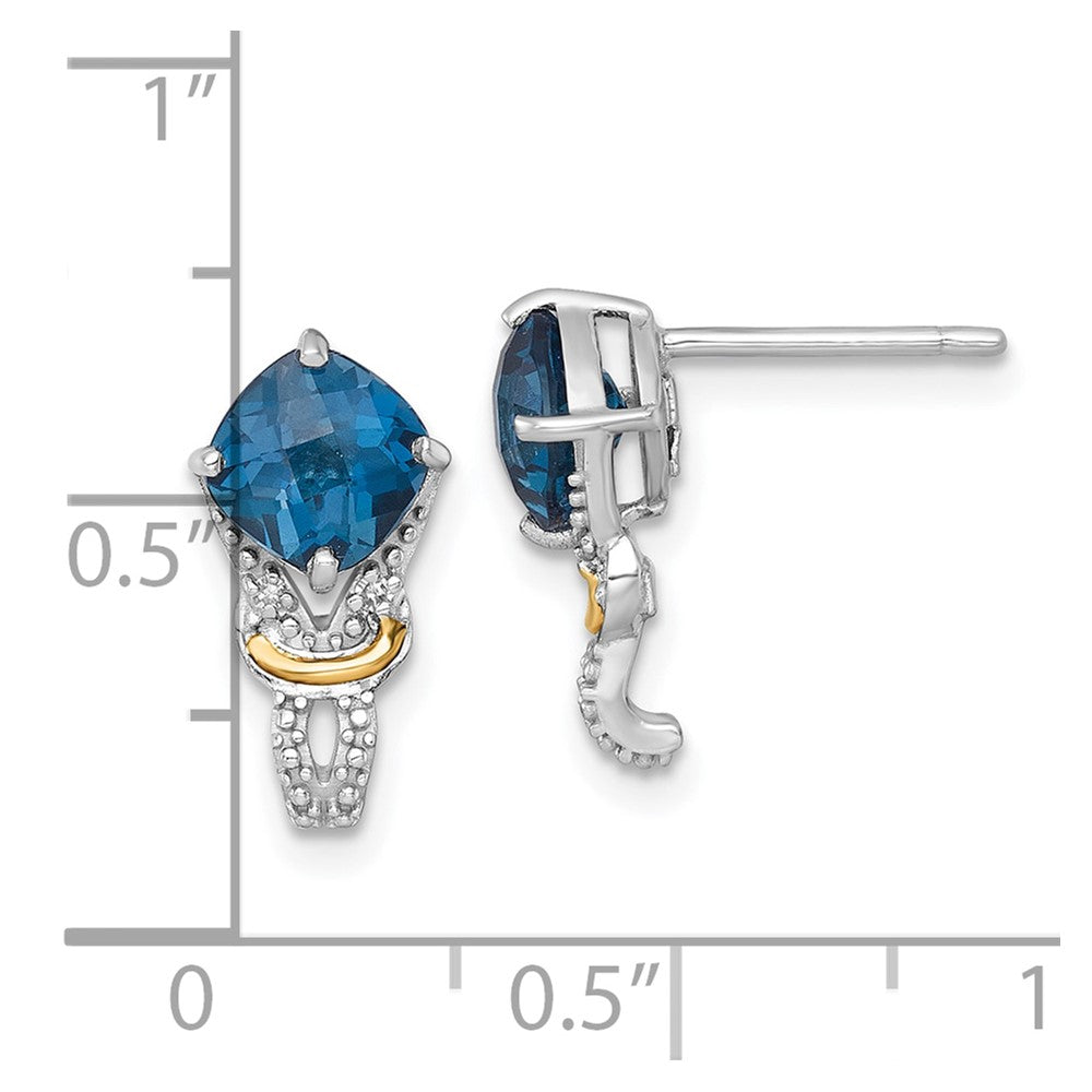 QTC1854 Shey Couture Sterling Silver Rhodium-plated with 14k Accent Checker-cut Cushion London Blue Topaz and .02ct. Diamond Post Earrings