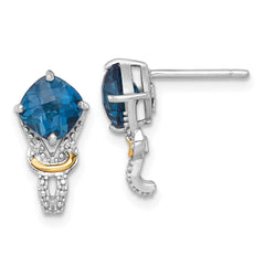 QTC1854 Shey Couture Sterling Silver Rhodium-plated with 14k Accent Checker-cut Cushion London Blue Topaz and .02ct. Diamond Post Earrings