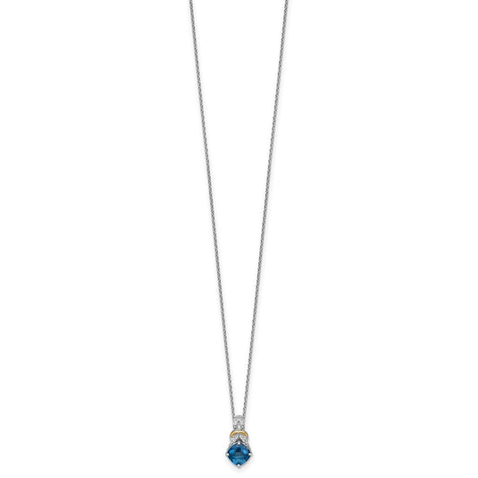 Shey Couture Sterling Silver Rhodium-plated with 14k Accent Checker Cushion London Blue Topaz .04ct. Diamond 18 inch w/2 inch Extension Necklace QTC1855
