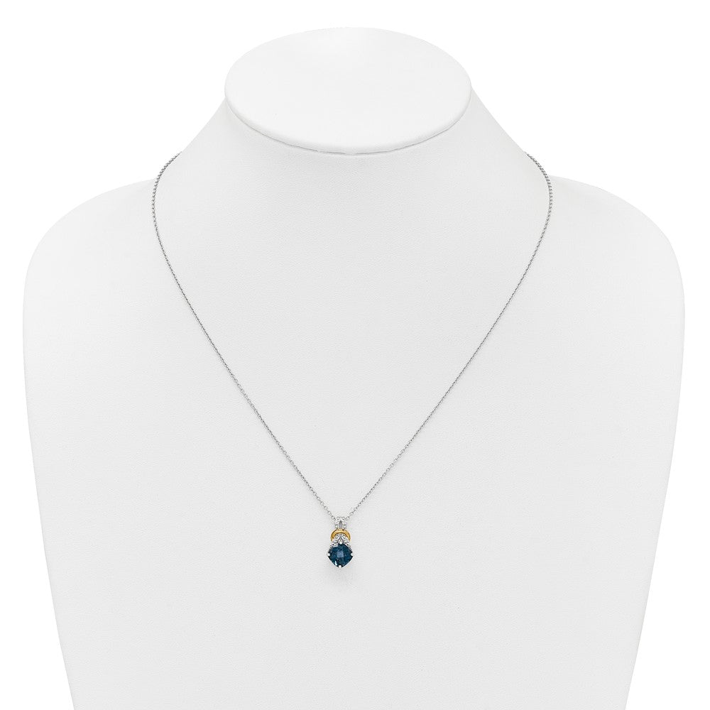 Shey Couture Sterling Silver Rhodium-plated with 14k Accent Checker Cushion London Blue Topaz .04ct. Diamond 18 inch w/2 inch Extension Necklace QTC1855