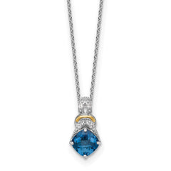 Shey Couture Sterling Silver Rhodium-plated with 14k Accent Checker Cushion London Blue Topaz .04ct. Diamond 18 inch w/2 inch Extension Necklace QTC1855