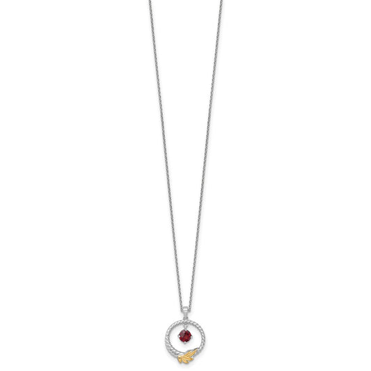 Shey Couture Sterling Silver Rhodium-plated Twisted Circle with 14k Leaf Accent Round Garnet Dangle 18 inch with 2 inch Extension Necklace QTC1862