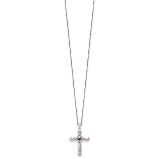 Shey Couture Sterling Silver Rhodium-plated with 14k Accent Round Garnet Textured Cross 18 inch with 2 inch Extension Necklace QTC1863