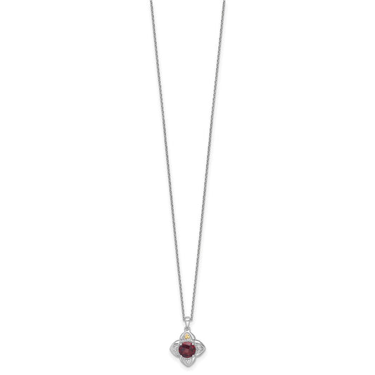 Shey Couture Sterling Silver Rhodium-plated with 14k Accent Round Garnet Flower 18 inch with 2 inch Extension Necklace QTC1865