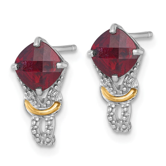 QTC1866 Shey Couture Sterling Silver Rhodium-plated with 14k Accent Checker-cut Cushion Garnet and .02ct. Diamond Post Earrings